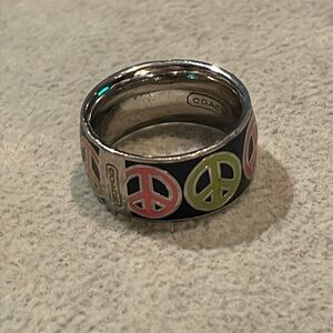 Coach Peace Sign Enamel Ring in Black with Pink and Lime